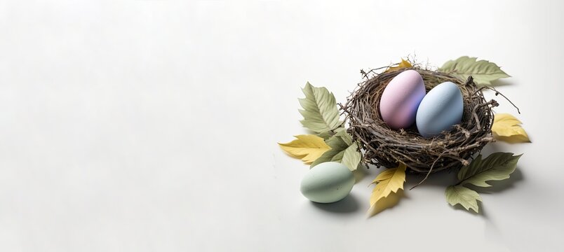 easter eggs and rabbit,  painted easter egg , easter rabbit in the basket with eggs, easter rabbit in the nest eggs with generative ai
