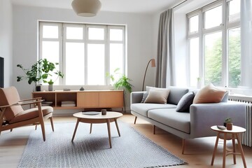 Fototapeta premium minimalist living room with natural light coming in from large windows, showcasing earth-toned furniture and a textured rug made from wool or cotton (AI Generated)