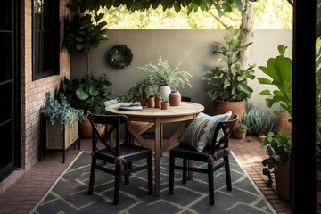Fototapeta na wymiar outdoor patio with a wooden table, chairs, and a woven outdoor rug, surrounded by potted plants and green foliage (AI Generated)
