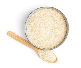 Bowl and spoon with amaranth seeds isolated on white background