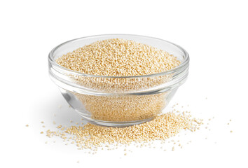Glass bowl of amaranth seeds on white background