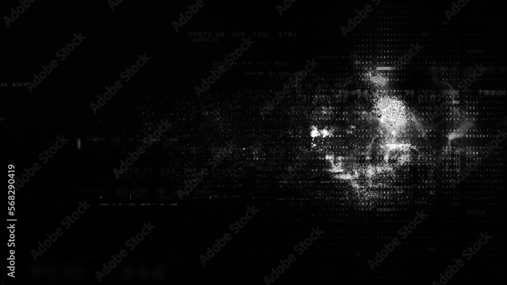 Fototapete Futuristic abstract de-focus data matrix, meta, metaverse, telemetry and encrypt numbers display with particles simulation in cyber space environment for head up display background