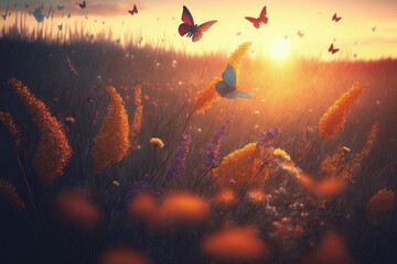 Concept of a butterfly filled autumn meadow landscape at sunset. lovely autumnal fantasy dream. Generative AI