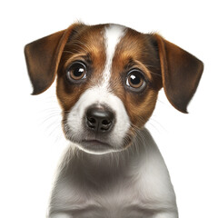 cute dog, looking directly to the camera, white background