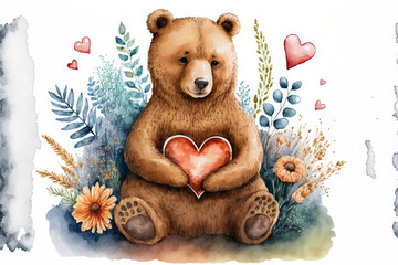 watercolor Valentine's Day element featuring a beautiful bear. Generative AI