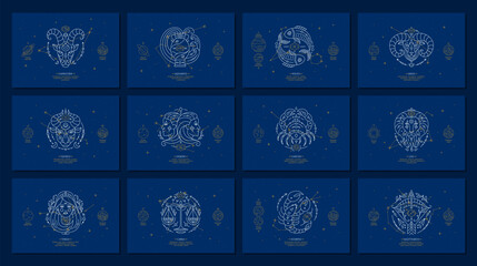 Set of zodiac signs with description of personal features. Astrology horoscope cards with zodiac constellations on dark blue sky thin line vector illustration © Sunflower