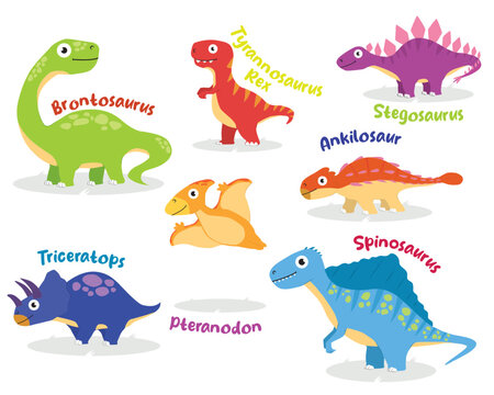 colorful dinosaur collections in cartoon style T-rex, stegosaurus, ankylosaur, spinosaurus, pteranodon, triceratops, brontosaurus vector illustrations EPS10