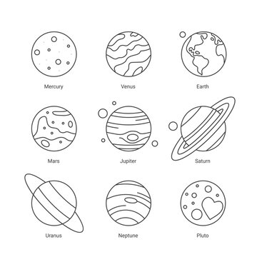 Set of solar system planets signed with names. Earth, Mercury, Jupiter, Saturn, Uranus, Jupiter, Saturn, Pluto, Venus, Neptune. Planetary, astronomy science thin line vector illustration