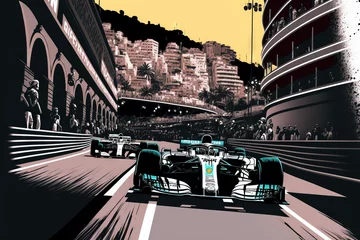 Foto op Plexiglas Formule 1 Monaco's Monte Carlo. 26 05 2019. Monaco Grand Prix. 2019 F1 World Championship Mercedes' Lewis Hamilton takes the lead at the start of the race. Generative AI