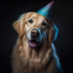 Golden Retriever dog in a party hat