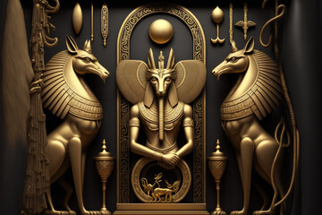 A scene including two sculptures of the God Anubis, an Egyptian cross, and two golden snakes. Generative AI