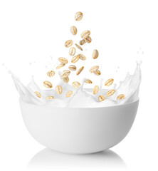 oat flakes falling in bowl with splashing milk isolated on white