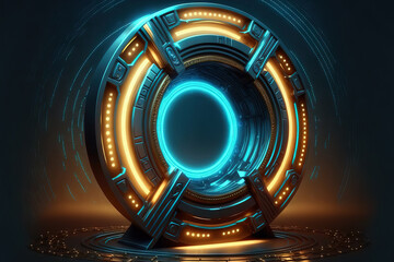 teleport podium in a circle. futuristic stage for portal science. digital high tech sci fi in HUD projector. Fantasy game magic gate virtual reality iron with GUI and UI. opening to a another universe