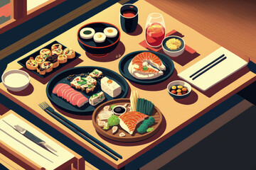 Mix of Japanese food on restaurant table. Generative AI