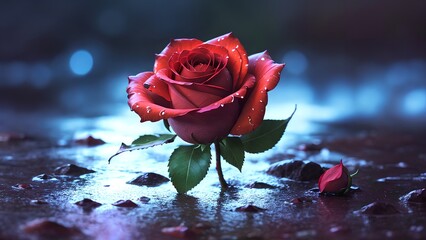 close up of single red rose on the wet floor, lonely background,raining day with water droplets,Generative AI