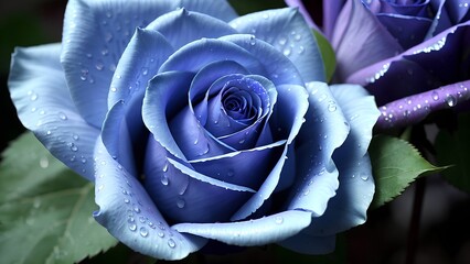 close up of blue rose, macro shoot of rose with dew, water droplets,Generative AI