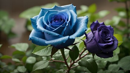 close up of two roses, blue and purple rose outdoor in the park with green leaves and water droplets,Generative AI