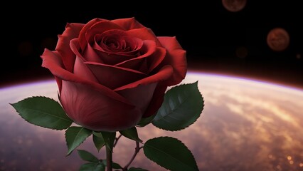 red rose in the space, planet as background,Generative AI