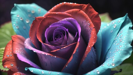 close up of a colorful rose, multicolored rose, purple, blue rose petals and with water droplets on it, dew after rain,Generative AI