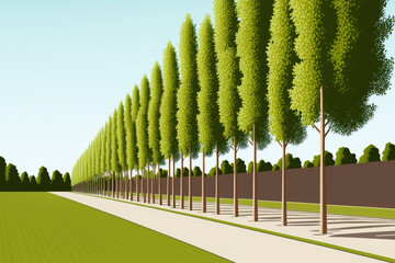 In a city park, a row of sapling trees hastily planted and fastened to pegs. In the park, young linden trees have been planted in a row. supporting young trees for protection. a recently constructed l