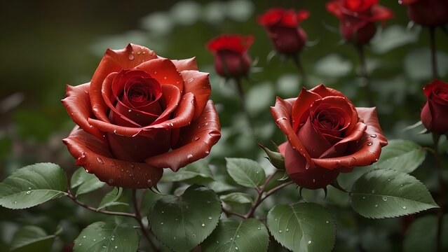 Beautiful red rose with green leaves in garden, rose with water droplets and dew, group of rose as background,Generative AI