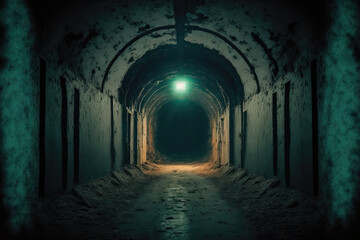 A terrifying abandoned location in the dark is a historic reinforced concrete bunker tunnel from World War 2. Generative AI