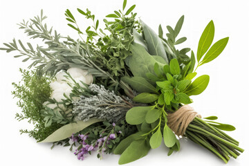 Bunch of herbs and a fresh bouquet garni set against a white background. Generative AI