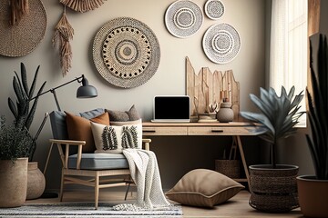 Wall Mockup for a Cozy Home Office in Scandi-Boho Style