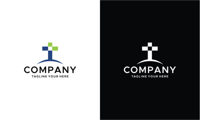Cross plus medical logo icon design template elements on a black and white background.