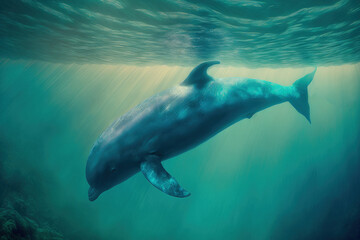 In the Red Sea, a wild dolphin swims under the surface. Generative AI