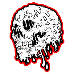 Creepy slime skull illustration. Dripping Skull in gothic design. T-shirt print for Horror or Halloween. Hand drawing illustration isolated on white background. Vector EPS 10