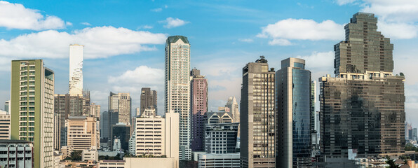 Bangkok skyscrapers, an example of contemporary architecture in Southeast Asia. Panorama view