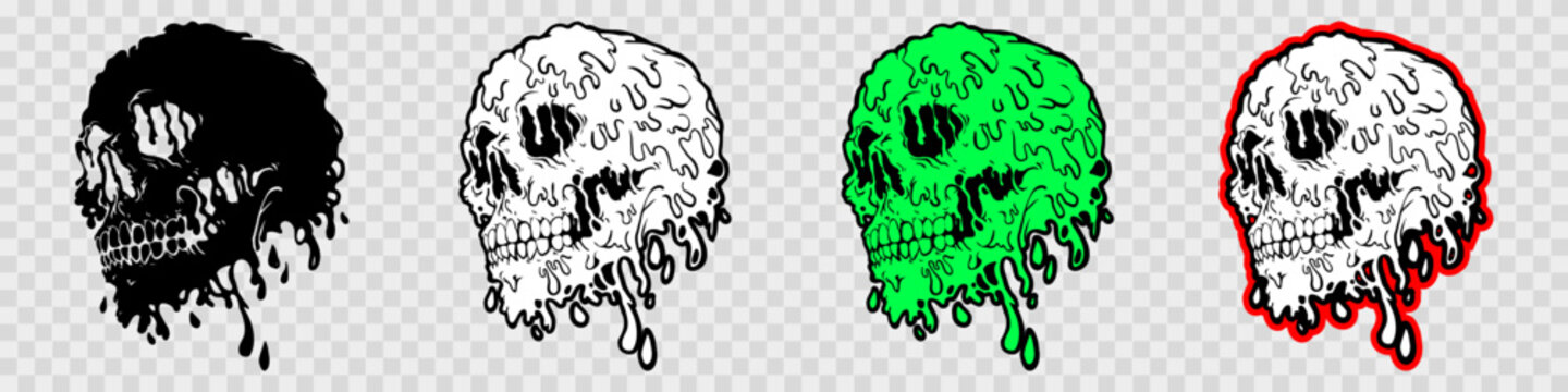 Creepy slime skull illustration. Dripping Skull in gothic design. T-shirt print for Horror or Halloween. Hand drawing illustration isolated on white background. Vector EPS 10