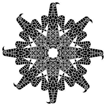 Round star mandala with stylized eagle birds. Medieval Visigoth design from Spain. Black and white silhouette.