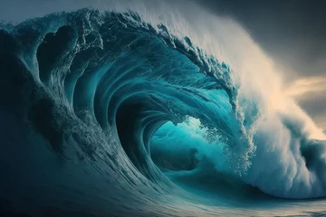 Fototapeten enormous blue wave crashes. Generative AI © 2rogan