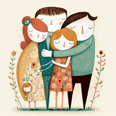 Happy family hugging each others, family portrait generative ai illustration in naive art style