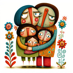 Strange couple hugging with three sad childen, family portrait generative ai illustration in naive art style on a white background