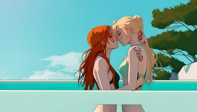 anime style female couple, kissing in the pool, romance, valentine's day