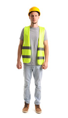 Male worker in vest and hardhat on white background