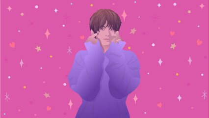 A young man makes a love gesture in front of his face, a symbol of self-love, with stars, dots and hearts around in front of a pink background, vector illustration
