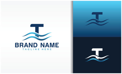 Letter T logo with wave design template