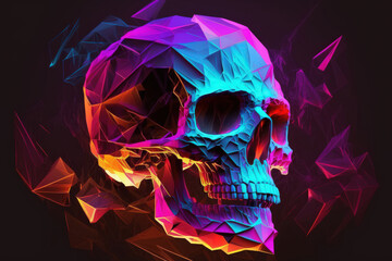 Bright polygons explode from a neon synthwave skull. Generative AI