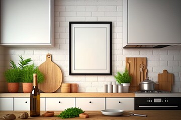 3D Realistic Kitchen Room Interior with Frame Mockup