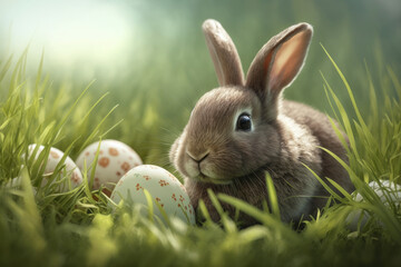 Easter bunny and Easter eggs in grass, Spring field. Generative AI