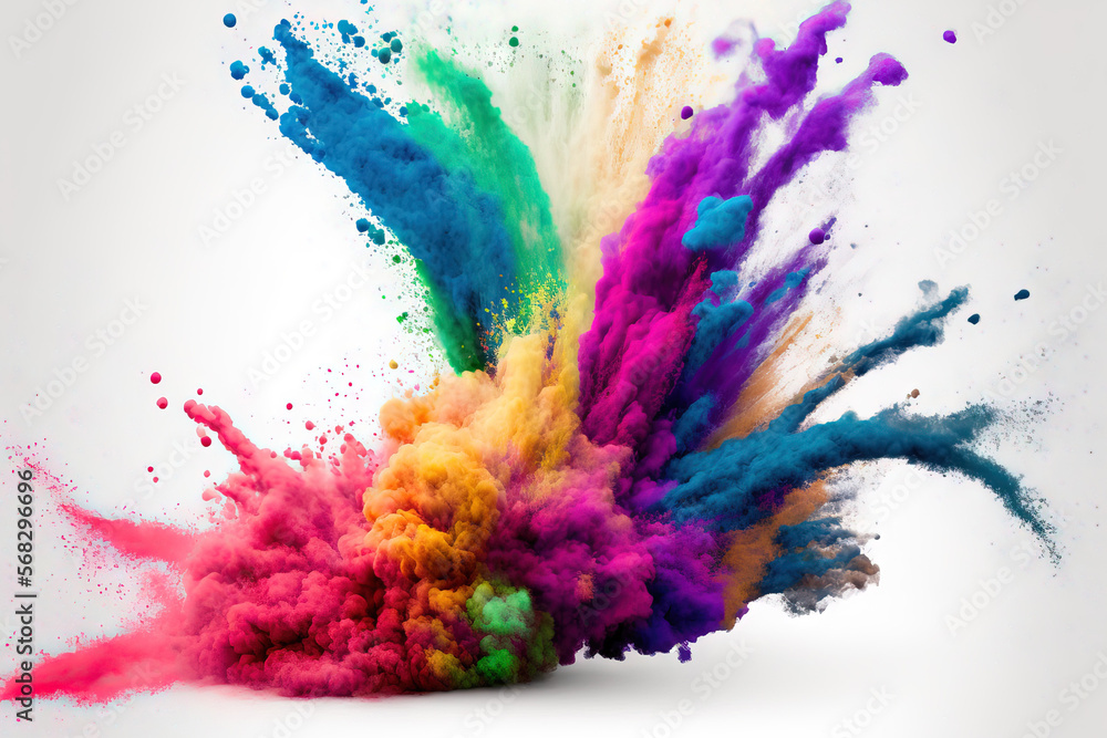 Poster eruption of colored powder against a white background. bright dust explodes. color holi. generative 