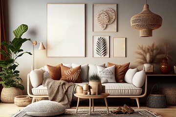 Modern Living Room Wall Mockup in Boho Style 3D Render 