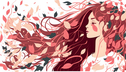 Girl with flowing hair in a pink summer breeze. Flower petals and vines, digital illustration