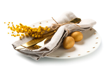 Table setting with Easter eggs and mimosa flowers on white background