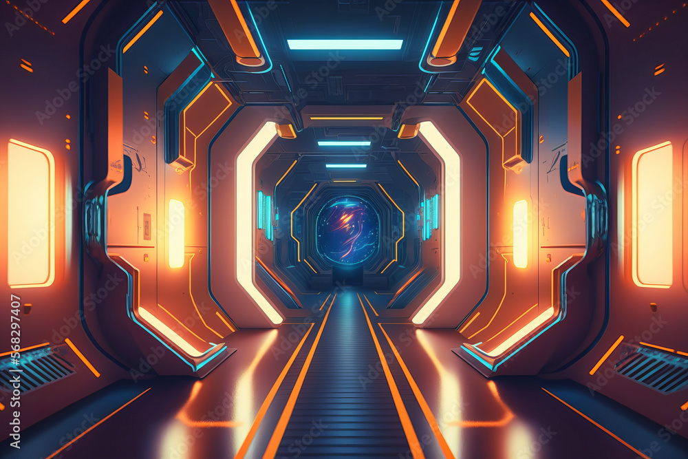 Poster corridor spaceship futuristic sci-fi tunnel passageway with glowing shiny neon lights ,futuristic sc