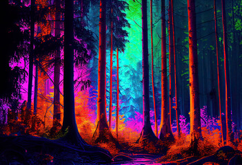 Fantasy forest landscape, neon colors, magical lights in the forest. Generative ai.